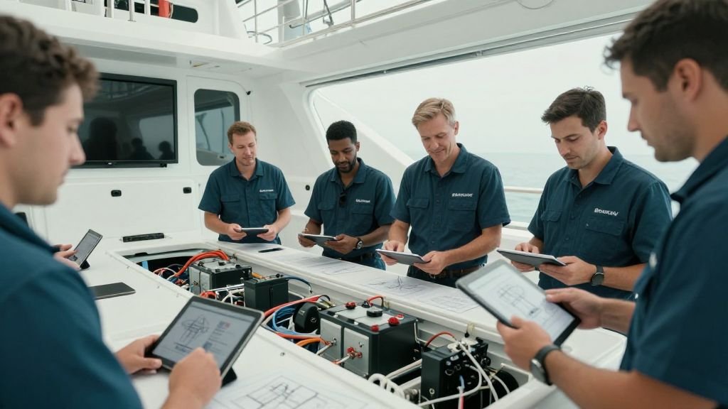 Tekne içinde elektrikli bileşen kurulumu yapan mühendis